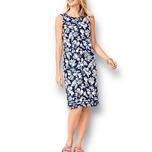 Talbots 8P Navy White Floral Sheath Midi Dress Cotton Sleeveless Resort Coastal